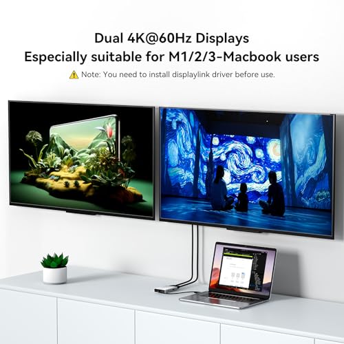 ACASIS USB C to Dual HDMI DisplayLink Adapter for Mac M1/M2/M3/M4/Windows | USB C DisplayLink Docking Station with 2HDMI 4K@60Hz, 3USB-A Ports, 100W PD Charging ,USB A/C to Dual Monitor - color: Silver