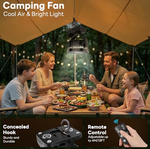 ELZO 12000mAh Clip on Fan, USB Desk Fan Rechargeable with LED Light & Hanging Hook & Magnetic (Black)