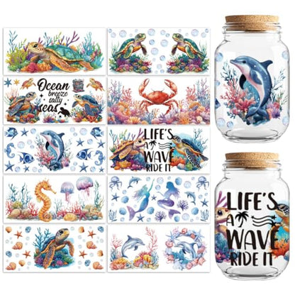 UV DTF Cup Wraps Transfer Stickers Marine Life Pattern, 10 Sheets Waterproof Custom Vinyl Transfer Sticker 16oz Coffee Glass Cup Tumbler Bottle Mug Decals for Men Women | Waterproof UV DTF Stickers, Custom Vinyl Decals for 16oz Coffee Cups Tumblers Bottle