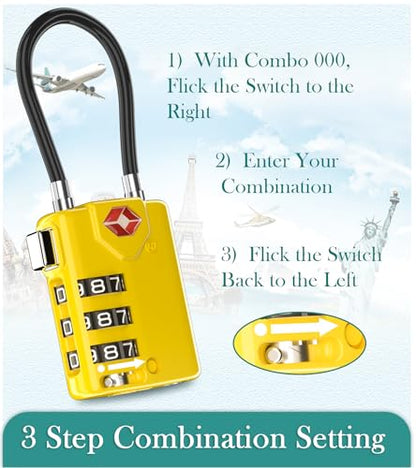 Search Alert TSA Approved Travel Combination Luggage Cable Locks for Suitcase, Gym Locker,Toolbox,Backpack 1,2,4,6 &10 pk (Yellow 2 Pack) - color: Yellow 2 Pack