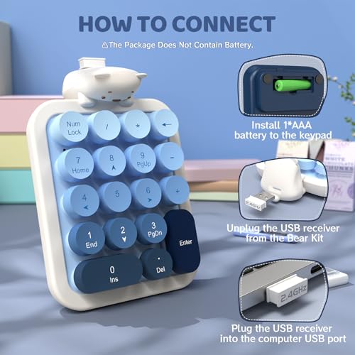 Ajazz AF18 Wireless Numeric Keypad, 2.4G USB Wireless Connection, Ergonomic 18-Key Compact Silicone Bear Design, Gradient Keycaps, Detachable & Portable Number Pad for PC, Laptop Blue - color: Blue