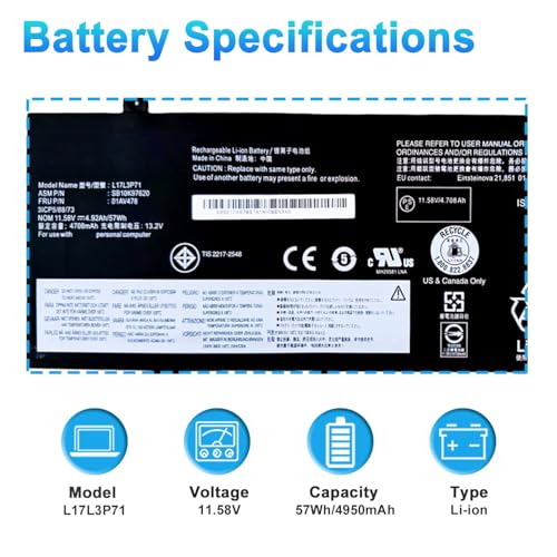 L17L3P71 L17M3P72 Laptop Battery for Lenovo ThinkPad T480S Series | for HP Ultrabook 20L7 20L8 Series 01AV478 01AV479 01AV480 L17M3P71 SB10K97620 SB10K97621 11.58V 57Wh 4920mAh - size: 10.63*3.54*0.24inch L17L3P71