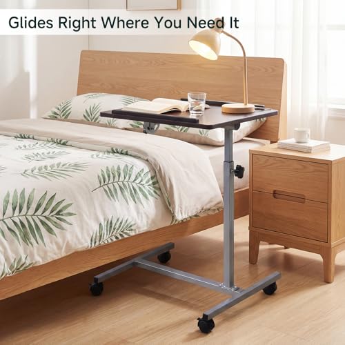 Overbed Bedside Table with Wheels, Rolling Desk Adjustable Height | Height 24-38" Rolling Bedside Table for Bed Sofa Hospital Home Office, Anti-Slip Edge, Lockable Casters, Dark Walnut