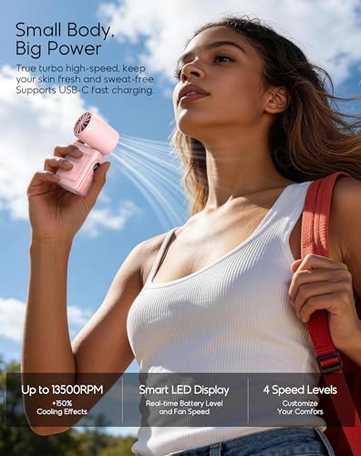 Portable Clip-On Mini Fan, Personal Handheld Fan for Stroller w/ LED Screen | Hands-Free, 360°Rotatable Clip, Turbo 13500RPM,4 Wind,USB Rechargeable, Travel Lash Beach Concert Ideal, Gifts for Women Girl - color: Pink