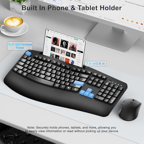 Wireless Keyboard and Mouse Combo, 2.4G Full Size Wave Keys Ergonomic Keyboard with Wrist Rest, Phone Holder, 3-Level DPI Wireless Silent Mouse with 6-Buttons, for Windows, Mac OS, Laptop (Blue Black) - color: Blue Black