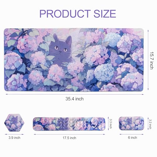 Petmolico 4-in-1 Wrist Rest Set with Desk Pad, Blue Flower Cat | Non-slip PU base, soft Lycra & memory foam, ergonomic pain relief, great for home/office - color: Blue