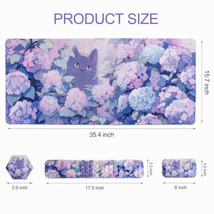 Petmolico 4-in-1 Wrist Rest Set with Desk Pad, Blue Flower Cat | Non-slip PU base, soft Lycra & memory foam, ergonomic pain relief, great for home/office - color: Blue
