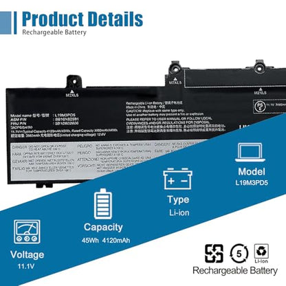 L19M3PD5 L19C3PD5 L19L3PD5 Laptop Battery Replacement for Lenovo ThinkPad 2022 2021 2020 E15 E14 4th 3rd 2nd Gen Series L20C3PD4 L20D3PD4 L20L3PD4 11.1V 45Wh 4120mAh - size: 11.52*2.91*0.26 inch L19M3PD5