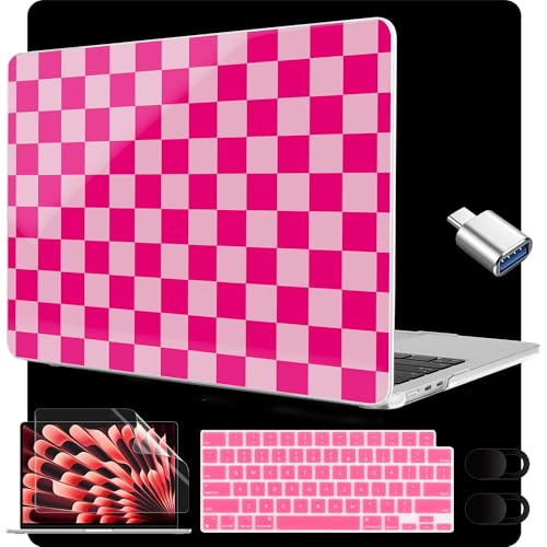MEEgoodo for M5/M4/M3/M2 MacBook Air 15 inch Case 2026 2025 2024 2023, Case Fit Model (A3448/A3241/A3114/A2941) for MacBook Air 15.3 inch, Rose&Light Pink Checkerboard - color: Rose&Light Pink Checkerboard
