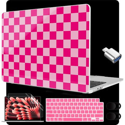 MEEgoodo for M5/M4/M3/M2 MacBook Air 15 inch Case 2026 2025 2024 2023, Case Fit Model (A3448/A3241/A3114/A2941) for MacBook Air 15.3 inch, Rose&Light Pink Checkerboard - color: Rose&Light Pink Checkerboard