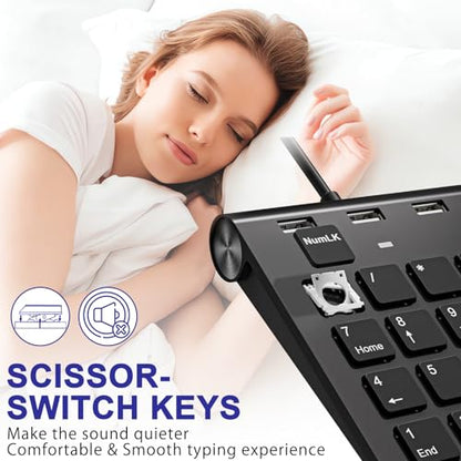 USB C Wired Number Pad, USB Numeric Keypad with 3 USB 2.0 Ports, 18 Key Number Pad Portable Slim Mini Keyboard for Laptop/Desktop/ Surface/ iPad, USB Number Keypad for Windows/MacOS/Chrome OS, Black