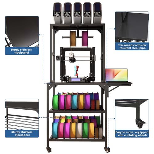 Heavy Duty 3D Printer Stand with Storage - Large Metal 3D Printer Table with Filament Storage for 54 Spools, Rolling 3D Printer Workbench with Locking Wheels & T-Shaped Spool Holder