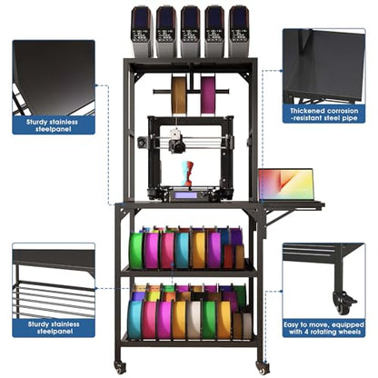 Heavy Duty 3D Printer Stand with Storage - Large Metal 3D Printer Table with Filament Storage for 54 Spools, Rolling 3D Printer Workbench with Locking Wheels & T-Shaped Spool Holder