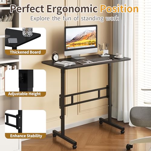 Panana Small Standing Desk Adjustable Height, Mobile Rolling Stand Up Desk with Wheels, 32 Inch Portable Rolling Desks Computer Office Workstations Walking Pad (Black) - color: Black