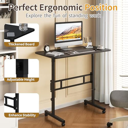 Panana Small Standing Desk Adjustable Height, Mobile Rolling Stand Up Desk with Wheels, 32 Inch Portable Rolling Desks Computer Office Workstations Walking Pad (Black) - color: Black