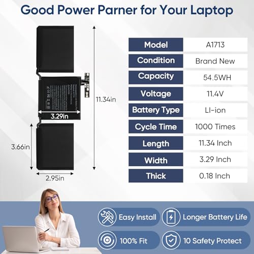 A2159 A1708 Battery Replacement for MacBook Pro 13 inch A1708 (Late 2016, Mid 2017) A2159(2019) A2289(2020) A2338(2020,2022) A1713 A2171 Battery - size: 11.3*2.95*0.2inch A1713