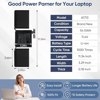 A2159 A1708 Battery Replacement for MacBook Pro 13 inch A1708 (Late 2016, Mid 2017) A2159(2019) A2289(2020) A2338(2020,2022) A1713 A2171 Battery - size: 11.3*2.95*0.2inch A1713