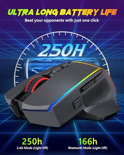 Redragon Wireless Gaming Mouse, Tri-Mode 2.4G/Bluetooth/USB-C, 7 Programmable Buttons, Tactile Rapid Fire Key, 8000 DPI RGB Ergonomic Mouse for PC Windows Gaming & Work, M814 - color: Black