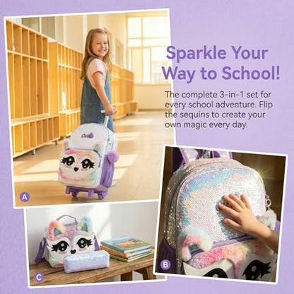 3PCS Kids Fluffy Cat Rolling Backpack for Girls, White Sequins | Trolley Suitcases Luggage Travel with Wheels, Roller Backpacks Set Toddler Back Pack School Bags Elementary Bookbag Wheeled - color: White-0121-huli