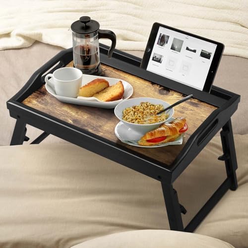 2 Pack Bed Tray Table with Adjustable Legs Breakfast Trays Serving Tray Bamboo Bed Laptap Floding Legs with Handles and Phone Holders - color: 2 Pack