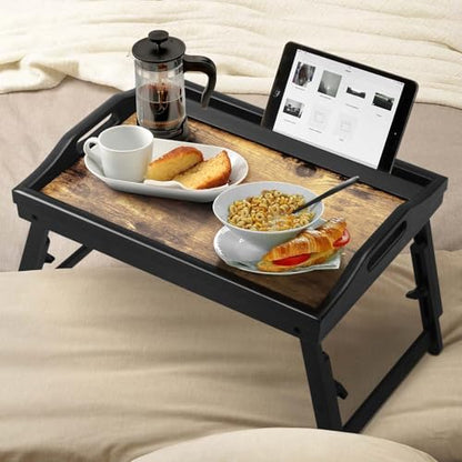 2 Pack Bed Tray Table with Adjustable Legs Breakfast Trays Serving Tray Bamboo Bed Laptap Floding Legs with Handles and Phone Holders - color: 2 Pack