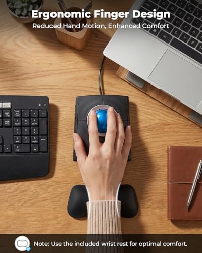 Wired Trackball Mouse, Ergonomic Finger Control Trackball with 55mm Large Ball, 4-Level Adjustable DPI, Ambidextrous Design, Wrist Rest Included, Compatible for PC, Laptop, Mac, Windows-Blue