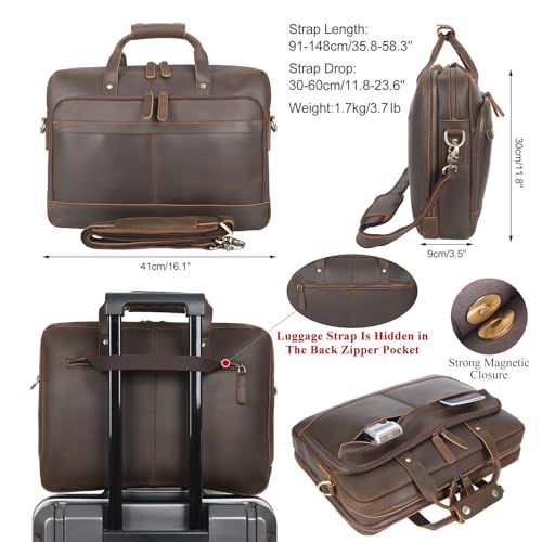 Masa Kawa Leather Briefcase for Men 15.6" 17" Laptop Business Messenger Bag | Computer Sleeve, Travel Luggage Strap, Professional Office Work Lawyer Crossbody Shoulder Attache Case - color: Deep Brown - Fits 15.6 Inch Laptop