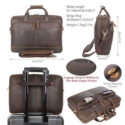 Masa Kawa Leather Briefcase for Men 15.6" 17" Laptop Business Messenger Bag | Computer Sleeve, Travel Luggage Strap, Professional Office Work Lawyer Crossbody Shoulder Attache Case - color: Deep Brown - Fits 15.6 Inch Laptop