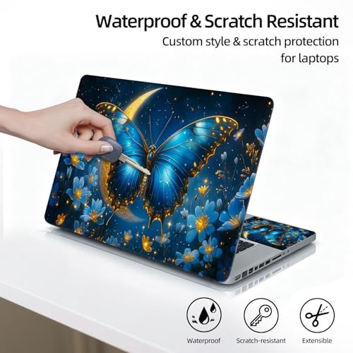 Universal Laptop Skin Sticker Decal, 12"-15.6" Aesthetic Vinyl Wrap, Blue Butterfly Moon Waterproof Notebook Cover Art Protector for MacBook HP Dell Lenovo, Fits 13" 14" 15" 15.6" - color: Blue Butterfly Moon