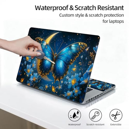 Universal Laptop Skin Sticker Decal, 12"-15.6" Aesthetic Vinyl Wrap, Blue Butterfly Moon Waterproof Notebook Cover Art Protector for MacBook HP Dell Lenovo, Fits 13" 14" 15" 15.6" - color: Blue Butterfly Moon