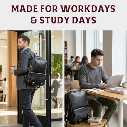 15.6" Luxury Black Leather Laptop Backpack for Men & Women. Leather Bag for Professional Use in Office & Business - color: Black