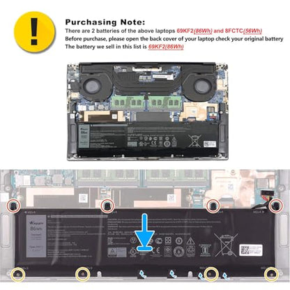 86Wh 69KF2 Laptop Battery for Dell XPS 15 9500 9510 9520 Precision 5550 5560 5570 Alienware M15 M17 R3 R4,G15 5510 5511 5515 5520 5521,G7 15 7500,Inspiron 7510 7610 P87F P91F P45E Series 8FCTC 70N2F - size: 11.75*3.31*0.34inch 69KF2