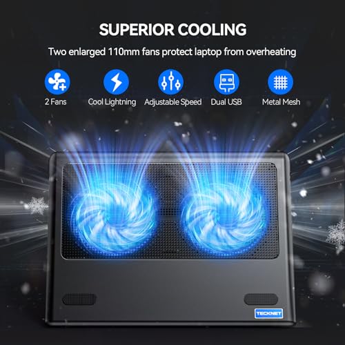 TECKNET Laptop Cooling Pad - 12"-15.6" Laptops Cooler, Powerful Cooler and Ultra Quiet for Gaming Laptops Pad, 2 Wind Speed Adjustable, USB A & C Powered Cooler Stand with Laptop Fan LED (Blue) - color: Blue