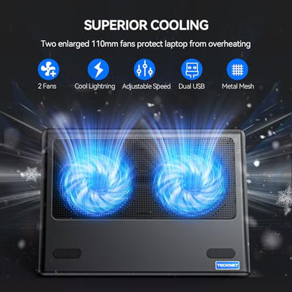 TECKNET Laptop Cooling Pad - 12"-15.6" Laptops Cooler, Powerful Cooler and Ultra Quiet for Gaming Laptops Pad, 2 Wind Speed Adjustable, USB A & C Powered Cooler Stand with Laptop Fan LED (Blue) - color: Blue