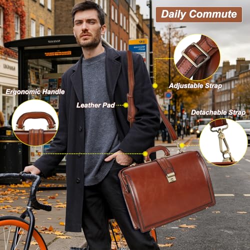 Banuce Italian Full Grain Leather Doctor Bag for Men Lawyer Briefcase | Eco-friendly Leather,Fits 15.6" Latop,Paded Laptop Compartment,Ergonomic Handle,with Lock,Shoulder Strap,Work,Business Travel