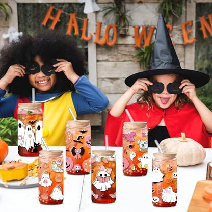 Rngmsi UV DTF Cup Wraps - 12 Sheets Halloween UV DTF Cup Wraps for 16 oz Glass, Cute Ghost Pumpkin Skull Bat Cobweb Cat Rub on Transfer Stickers, Uvdtf Decals for Mug Water Bottles, DIY Crafts - style: Halloween Ghost