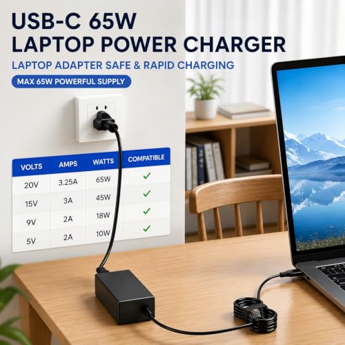 Business Office Universal 65W USB C Laptop Charger, Type C PD Fast Charging Adapter Compatible with Lenovo HP Dell Acer Asus Samsung Chromebook, Laptop Charger for School, Workspace and Commercial Use