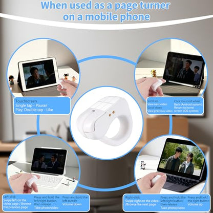 Mini Bluetooth Wireless Mouse Dual Mode Finger & Ring Touchpad Design, Rechargeable with Charging Case for PC, Laptops, Tablets & Smartphones – Ideal for Remote Control, Page Turning,Travel (White) - color: White
