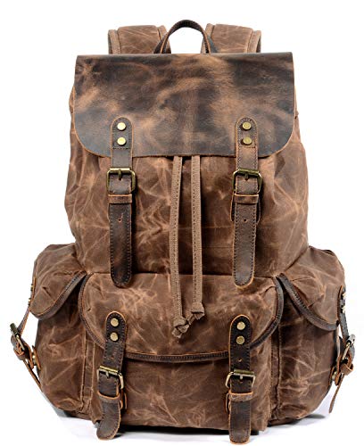 WUDON Leather Backpack for Men, Waxed Canvas Shoulder Rucksack Carry-On Travel Backpack - color: Coffee-regular
