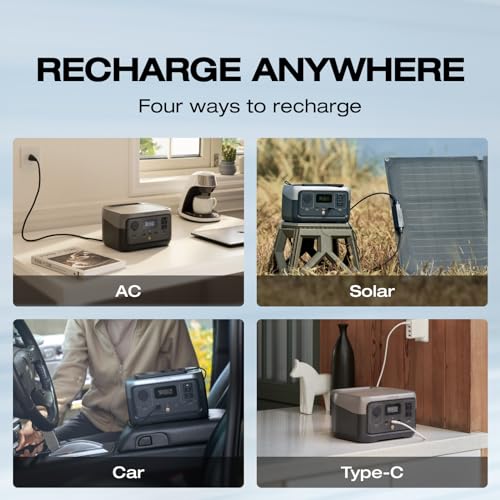 EF ECOFLOW Portable Power Station RIVER 2, 256Wh LiFePO4 Battery/ 1 Hour Fast Charging, 2 Up to 600W AC Outlets, Solar Generator (Solar Panel Optional) for Outdoor Camping/RVs/Home Use | 1 Hr Fast Charging, LiFePO4 Battery,Up to 600W Solar Generator for O