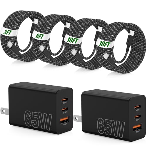 65W Super Fast Charger Type C for Samsung,3 Port 100W PD Quick Charging 3.0 USB C Block & 3/6/10/10FT Braided Type C Cord for Samsung Galaxy S26 Ultra/S26/S25 Ultra/iPhone 17 Pro/MacBook Pro/Air - color: Black, size: 10FT+10FT+6FT+3FT