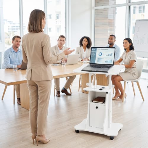 Giantex Mobile Podium Stand, Sit-to-Stand Laptop Cart with Tilting Tabletop & Storage Cabinet, Lockable Casters, Height-Adjustable Rolling Lectern for Classroom, Church, Home Office (White) - color: White