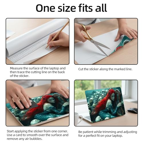 Aesthetic Laptop Skin Sticker, Red Haired Mermaid with Harp and Skulls Waterproof Vinyl Laptop Decal, Removable Bubble Free, Reusable Protective Cover for 13 14 15 15.6 Inch - color: Red Haired Mermaid with Harp and Skulls