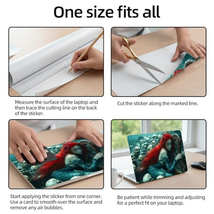 Aesthetic Laptop Skin Sticker, Red Haired Mermaid with Harp and Skulls Waterproof Vinyl Laptop Decal, Removable Bubble Free, Reusable Protective Cover for 13 14 15 15.6 Inch - color: Red Haired Mermaid with Harp and Skulls