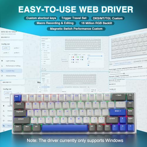 AULA WIN68 HE MAX - Hall Effect Gaming Keyboard with Magnetic Switch, Adjustable Actuation Fast Trigger Mode, 8KHz Polling Rate, RGB Backlit Wired Mechanical Gaming Keyboard 60 Percent Compact Design - color: Grey&White&Blue-Max Version