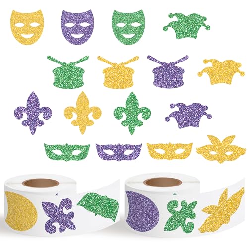 CNhoqc Carnival Sticker Roll, 1000 Pcs Glitter Masquerade Scrapbook Sticker | Fleur-De-Lis Mask Drum Glitter Waterproof Vinyl Reusable Laptop Coloring Book Water Bottle Page Activity Pad Party Favors - style: Mardi Gras