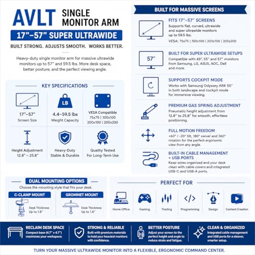 AVLT Single 17"-57" Super Ultrawide Monitor Arm - Black | Screens Up to 59.5 lbs Premium Aluminum Desk Stand Adjustable Pneumatic Height Full Motion Swivel Tilt Rotation USB-C&A Ports - color: Black-17 to 57 Inch