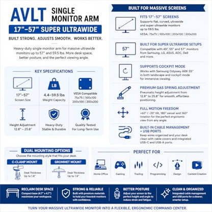 AVLT Single 17"-57" Super Ultrawide Monitor Arm - White | Screens Up to 59.5 lbs Premium Aluminum Desk Stand Adjustable Pneumatic Height Full Motion Swivel Tilt Rotation USB-C&A Ports - color: White-17 to 57 Inch