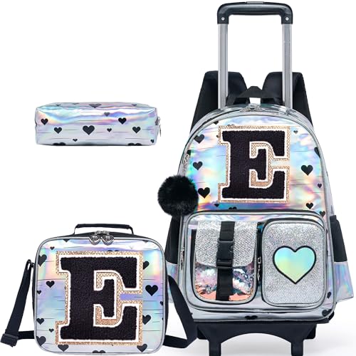 HTgroce Cute Rolling Backpack with Wheel,School Backpack for Kids Girl Roller Schoolbag Wheeled Backpacks Set Carry-on Luggage,Initial E - color: Silver, style: E