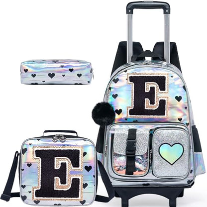 HTgroce Cute Rolling Backpack with Wheel,School Backpack for Kids Girl Roller Schoolbag Wheeled Backpacks Set Carry-on Luggage,Initial E - color: Silver, style: E